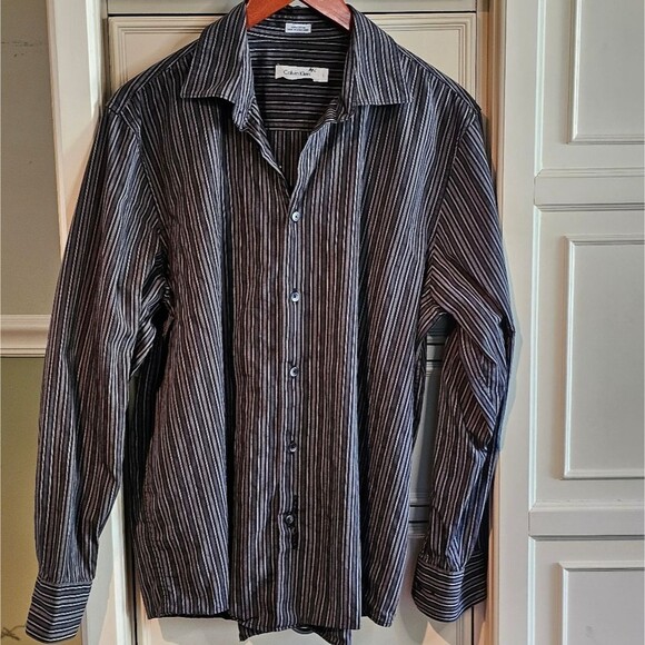 Calvin Klein Long Sleeve Button Down Striped Dress Shirt Mens Size Large - Picture 1 of 3